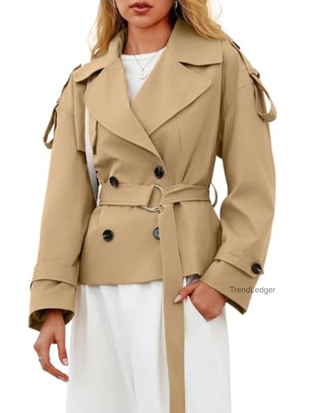 Cropped Trench Coat with Belt Double Breasted Short Jacket Fall Outerwear - Picture 2 of 7